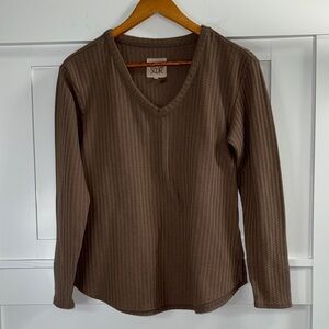 Chaser Brown V-Neck Ribbed Long Sleeve Top